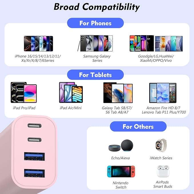 3Pack 4-Port USB C Fast Charging Block,40W iPhone 16 Charger Adapter for PD Power Adapter & QC Wall Plug,Multiport USB C Charging Block Apple Cube for iPhone 17/17 Pro/Air/16/15 Pro Max/14/13/12(Pink)
