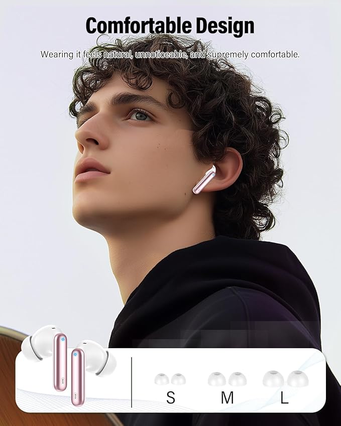 Wireless Earbuds, Bluetooth 5.4 Headphones Bass Stereo, Ear Buds with Noise Cancelling Mic, LED Display in Ear Earphones Clear Calls, IP7 Waterproof Bluetooth Earbuds for Laptop/Phones, Rose Gold
