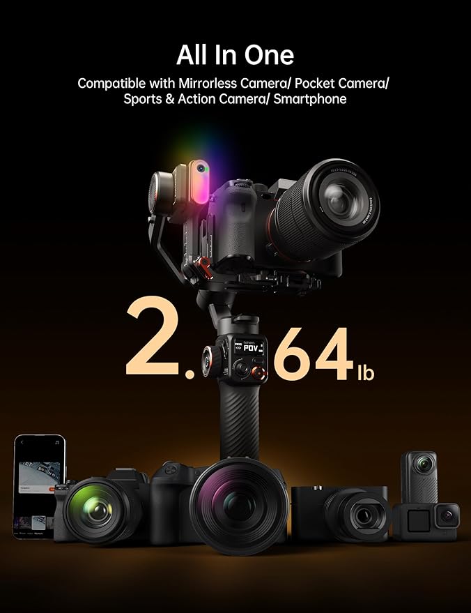 hohem iSteady MT2 Kit Gimbal Stabilizer for Camera, 3-Axis Gimbal for Mirrorless/Pocket/Action Camera/Smartphone, AI Tracker, Magnetic Fill Light Stabilizer, Available for Canon/Nikon/Sony