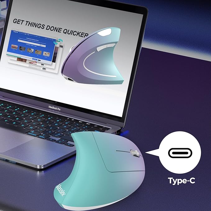 Vassink Ergonomic Wireless Rechargeable Mouse, USB A+Type C(2in 1) Connection, 800/1200/1600 DPI, 6 Buttons, 2.4GHz Carpal Tunnel Vertical Mice, for Laptop, Desktop,MacBook Purple Gradient Green