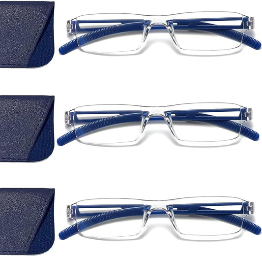 Viseng 3 pairs of reading glasses, blue light blocking glasses, computer reading glasses for men and women, fashionable rectangular one-piece glasses frame+3.5(Blue)