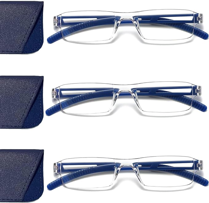 Viseng 3 pairs of reading glasses, blue light blocking glasses, computer reading glasses for men and women, fashionable rectangular one-piece glasses frame+1.0(Blue)