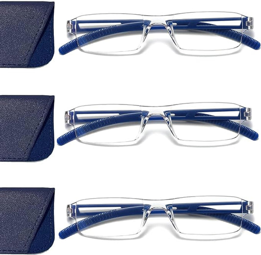 Viseng 3 pairs of reading glasses, blue light blocking glasses, computer reading glasses for men and women, fashionable rectangular one-piece glasses frame+1.0(Blue)