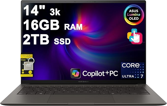 ASUS Zenbook S14 Laptop 14" 3k OLED 120Hz Touch (500nits HDR, 100% DCI-P3) Intel 8-core Ultra 7 256V (Up to 47 Tops) 16GB DDR5 2TB SSD for Designer Business Professional Win11 ICP Hub w/Copilot+ AI