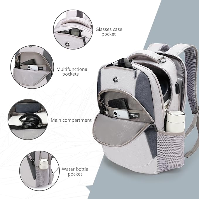 Swissdigital Design Business Laptop Backpack, College Laptops Backpack with USB Charging Port for Men and Women Fits 16 Inch Notebook, Mauve Grey | ANDWIL