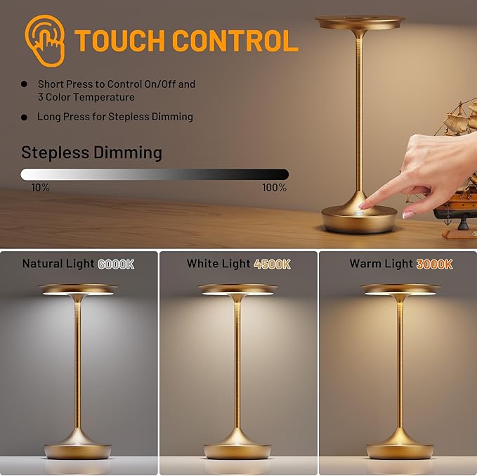 LED Rechargeable Cordless Table Lamps, Portable Outdoor Battery Operated Table Light 3 Color Stepless Dimming Table Lamp with Memory Function for Patio Restaurant Dining Room Bronze