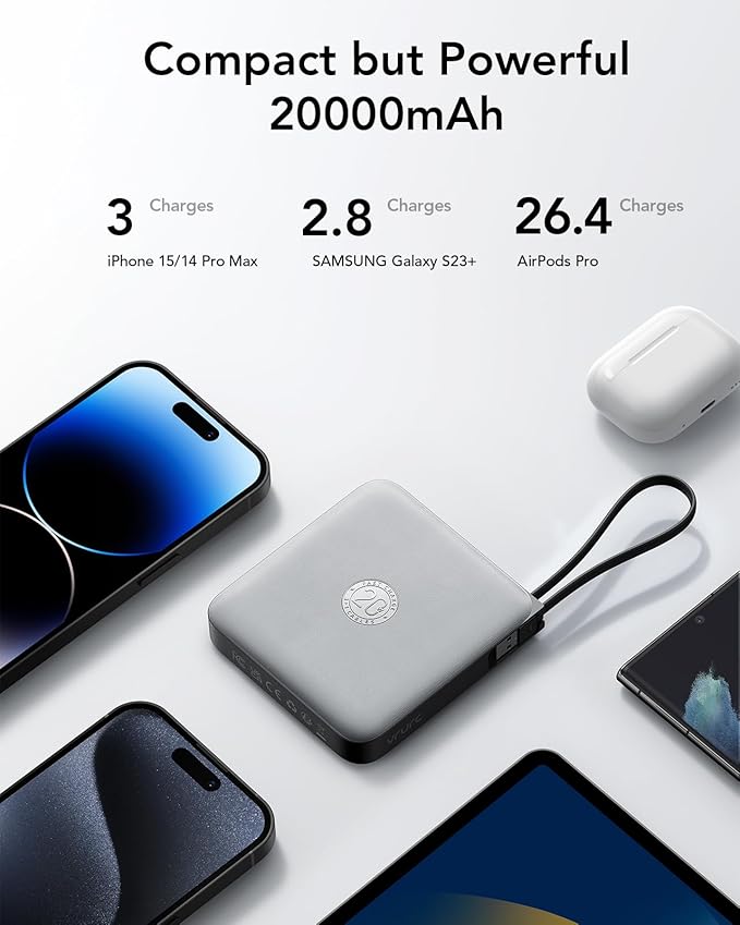 VRURC 20000mAh Portable Phone Charger with 4 Built-in Cables, Power Bank Fast Charging 22.5W USB C Battery Pack, for iPhone 16 15 14 13 12 11 x Samsung Galaxy Series etc, Gray(1 Pack)