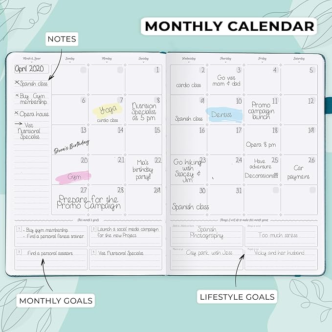 GoGirl Planner PRO Schedule - Undated Planner with Hourly Time Slots, Monthly, Weekly & Daily Organizer, Appointment Book for time Management, 7"x10" Hardcover, Lasts 1 Year - Aquamarine