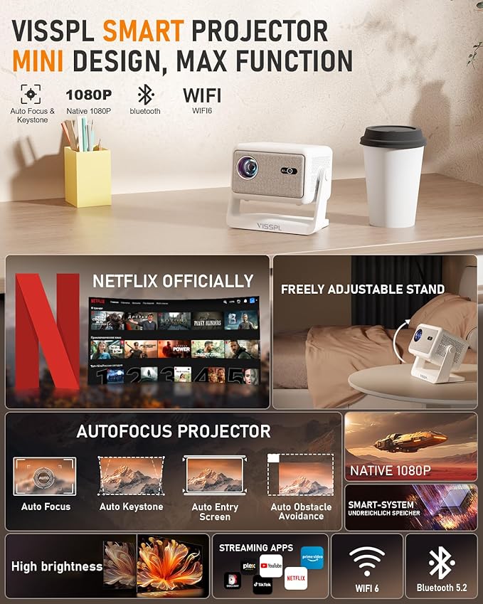 【Netflix Licensed & Auto focus Projector】VISSPL Smart Projector with WiFi and Bluetooth, Auto Focus & Keystone Protable Mini Projector with Stand, 4K Netflix Home Theater Projector