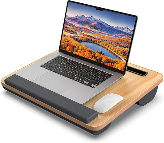 Portable Lap Desk, Laptop Stand for Bed with Soft Wrist Rest, Tablet/Phone Slot, Fabric Handle, Laptop Bed Desk with Cushion (Light Brown)