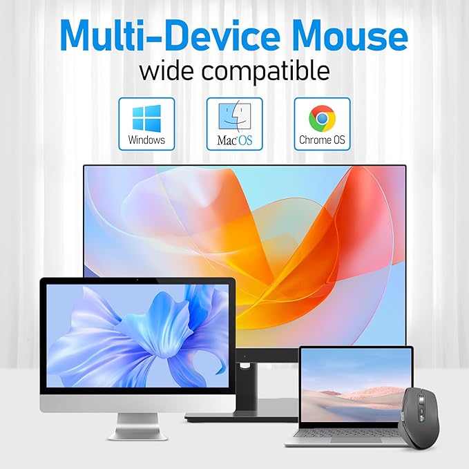 Wireless Bluetooth Side Scroll Mouse with Multi-Device, Ergonomic Computer Mice with Smart Flying Scroll, Quiet Click for Computer, Laptop, iPad, Tablet, MacBook (Grey)