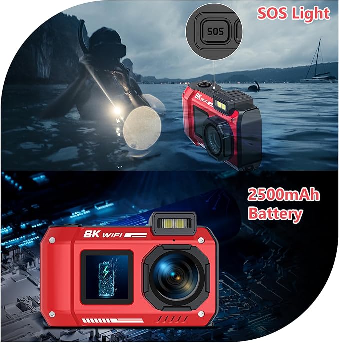 UHD 8K Underwater Camera, 70MP 33FT WiFi Waterproof Digital Camera with 64GB Card, Auto Focus Waterproof Dual-Screen Selfie 2500mAh Battery, 16X Floatable Digital for Snorkeling, Red