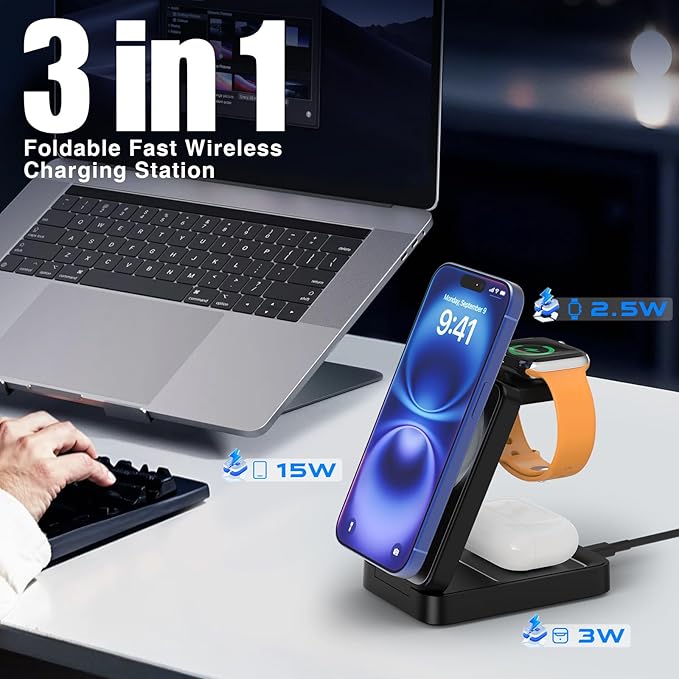 3 in 1 Wireless Charger Station for Multiple Apple Devices,Portable Magnetic Charging Foldable Stand for iPhone 16 15 14 13 12 11 ProMax/Airpods/Fast Travel Charger with MagSafe for Apple Watch Series