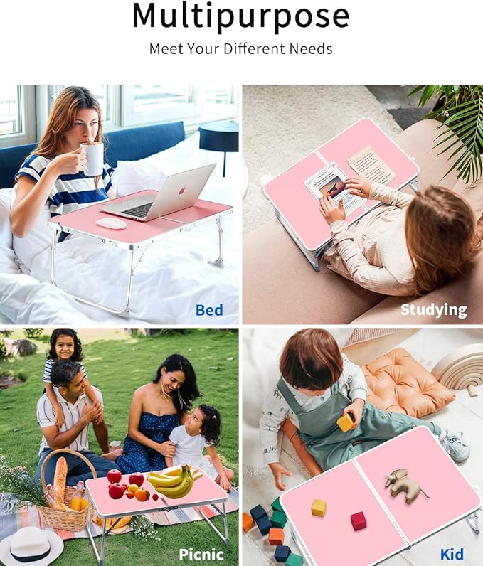 Foldable Laptop Desk, SUVANE Breakfast Serving Bed Tray, Portable Mini Picnic Table Storage Space Lap Desk Reading Holder(Pink)