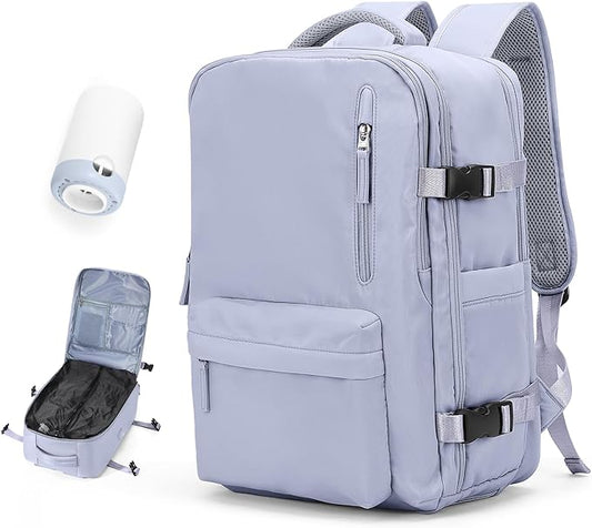 Vacuum Travel Backpack with Pump for Women,Personal Item Carry on Backpacks Flight Approved 18x14x8 inches for Men,Laptop Waterproof Work Compression bags Casual Daypack Purple
