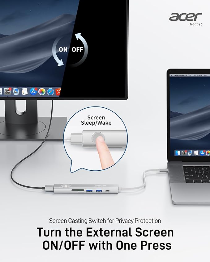 Acer USB C HUB Multiport Adapter, 7 in 1 USB-C to HDMI Adapter with 4K@60Hz, 100W PD, 5Gbps 2*USB-A 3.1, 1*Type-C 3.1, SD Card Reader Type C Dongle for iPhone 16/15, MacBook Pro/air, iPad, Acer