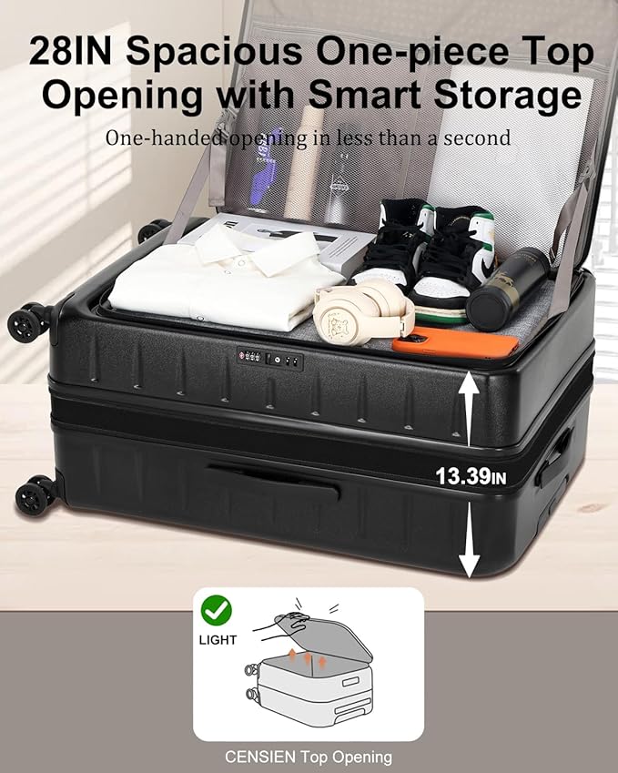 Expandable Checked Luggage, 28 Inch Luggage with Spinner Wheels, Lightweight ABS+PC Hard Shell Large Suitcase with Top Opening, TSA Lock (Black, 1PC)