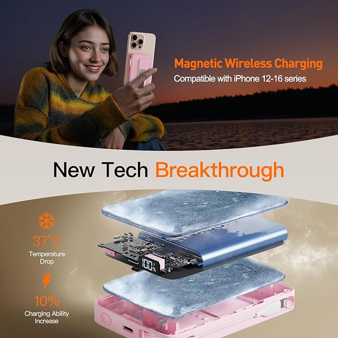 2025 Magnetic Battery Pack 16800mAh Mobile Power Bank, Portable Charger with Foldable Stand and Built-in Cable, 20W USB-C Fast Charging, Suitable for iPhone 17/16/15/14/13/12 Series