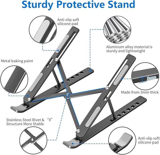 Laptop Stand for Desk, Aluminum Metal MacBook Stand，Computer Riser for Desk, Portable Foldable Adjustable Notebook Holder, Compatible with 10-15.6 Inch Laptops, iPad, Space Gray.