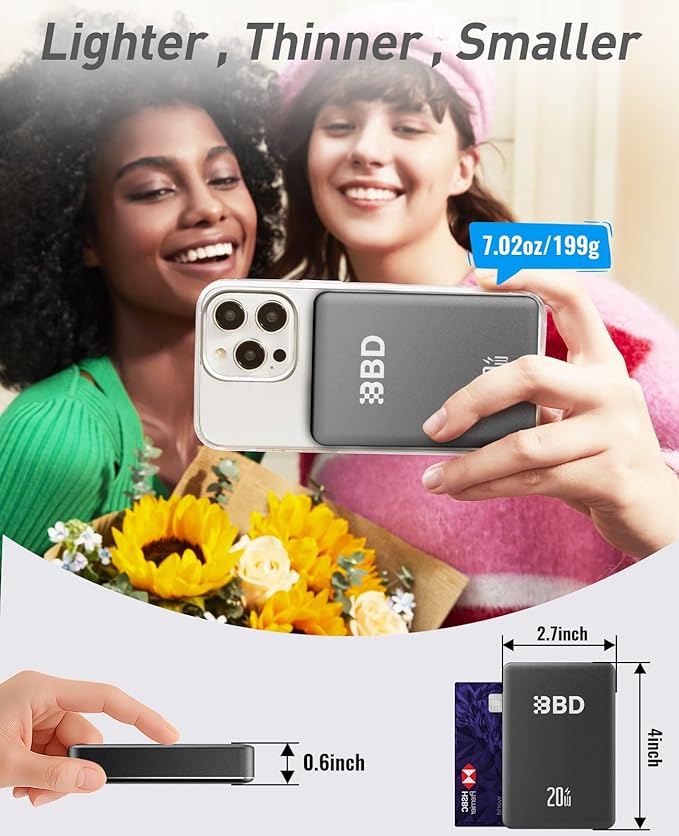 BBD Magsafe Portable Charger,10000mAh Magnetic Power Bank Fast Charging PD 20w with USB C Cable,Slim Magsafe Battery Pack Travel Essential,Wireless Power Bank for iphone 17/16/15/14/13/12 Series 1Pack