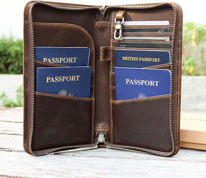 Polare Full Grain Leather Family Travel Passport Wallet and Documents Organizer RFID Blocking Case Holder Fits 6 Passports for Men and Women