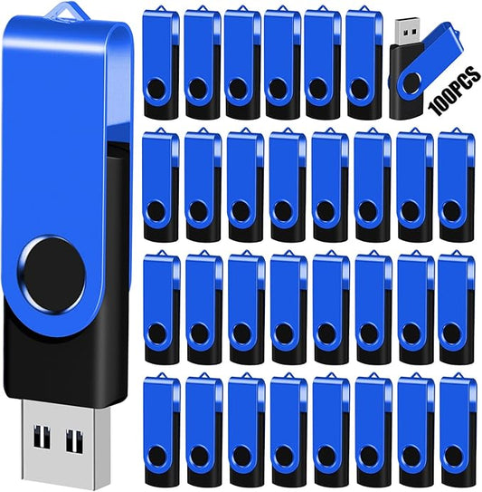 EASTBULL Flash Drive Bulk 2GB USB 100 Pack with Lanyards USB 2.0 Thumb Drive Bulk Memory Stick Swivel Pen Drive for Storage and Backup 2 GB 100 Pack, Blue