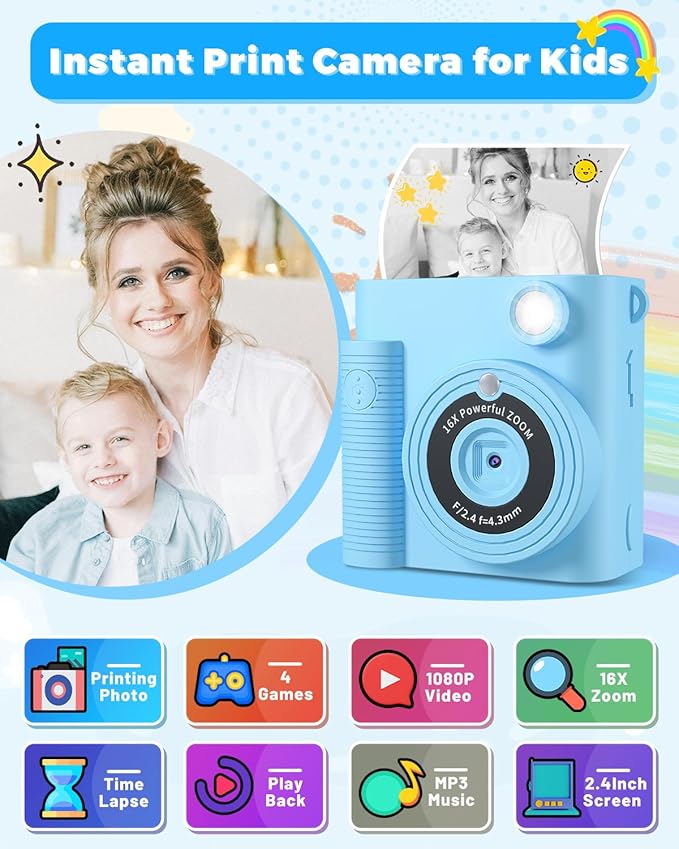 Instant Print Camera for Kids, 1080P HD Kids Digital Cameras Instant Print Photos with 32GB SD Card, Christmas Birthday Gifts for 3 4 5 6 7 8 9 10 11 12 Year Old Girls Boys