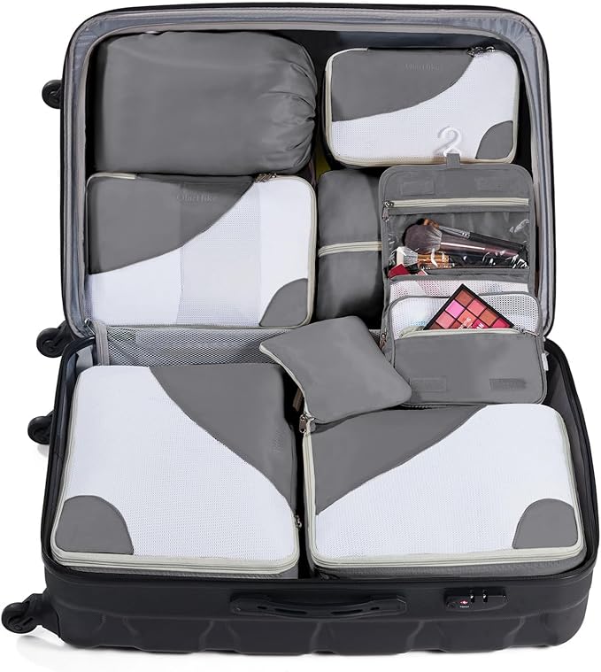 8 Set Packing Cubes for Travel, Gifts for Men,Anti-Tearing Suitcase Organizer for Luggage with Shoe & Hanging Toiletry Bag, OlarHike Vacation Accessories for Cruise, Travel Essentials for Men, Grey