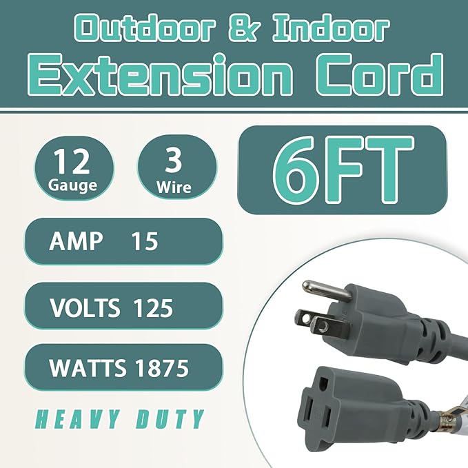 6 Ft Outdoor Extension Cord - 12/3 SJTW Heavy Duty Grey Extension Cable with 3 Prong Grounded Plug - Power Cord for Lawn, Garden, Appliances