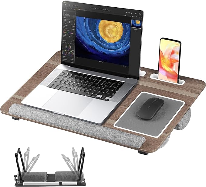 Lap Desk Bed Desk,17In Foldable Laptop Bed Tray Table with Mouse Pad,Wrist Rest and Adjustable Dual Cushion, Portable Wood Laptop Stand for Bed Sofa,Multifunctional Slot for Tablet & Phone