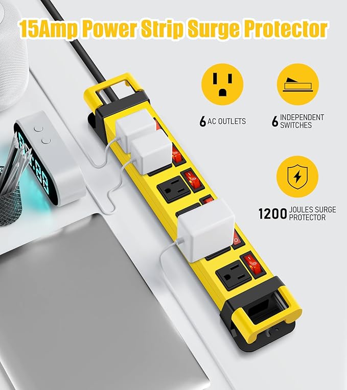 Heavy Duty Power Strip,6 Outlets Metal Power Strip with Individual Switch & Cord Management,Mountable Surge Protector 1200J,10FT Extension Cord(Yellow,10 FT)