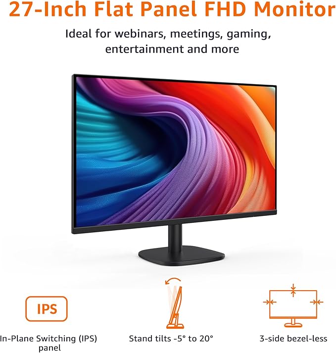 Amazon Basics 27 inch Monitor, FHD 1080P, Max 100Hz, VESA Compatible, Built-in Speakers, Black