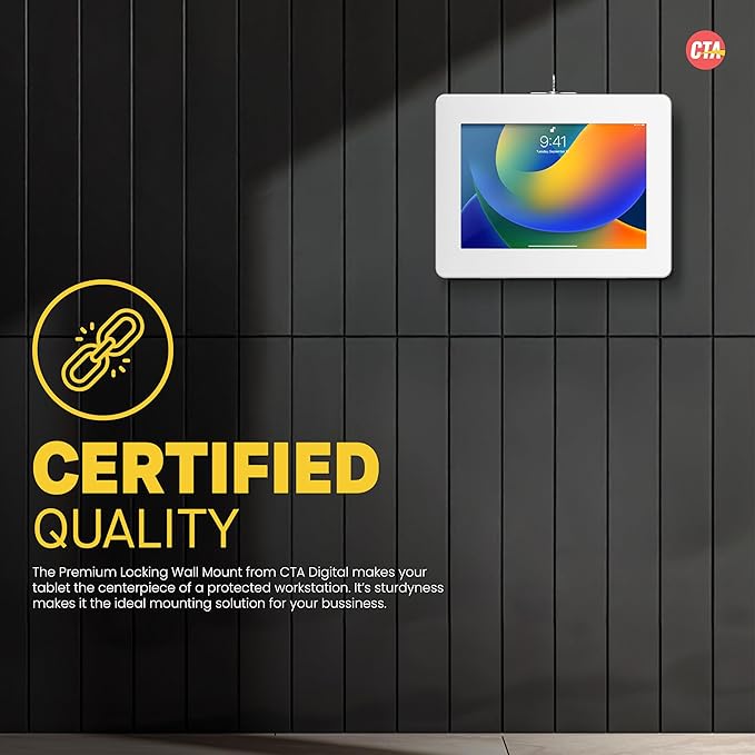 Locking iPad Wall Mount - CTA Anti-Theft Large Locking Tablet Enclosure w/ Key Lock and Interior Cable Routing for iPad Pro 12.9", Surface Pro 3, 4, 5, 6, 7, 8, X - White - (PAD-PLWW)