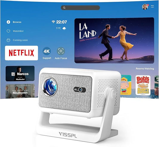 【Netflix Licensed & Auto focus Projector】VISSPL Smart Projector with WiFi and Bluetooth, Auto Focus & Keystone Protable Mini Projector with Stand, 4K Netflix Home Theater Projector