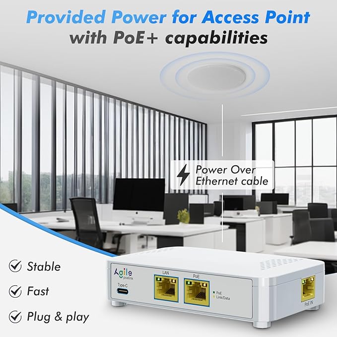 PoE to USB C Switch 60W 802.3af/at Compliant, 1 USB-C Port ( 30W PD Charging & Gigabit Ethernet) & 1 PoE+ Port & 1 Ethernet Port, for Smartphones/Sablets/Laptops/Camera/Access Point, PoE Powered