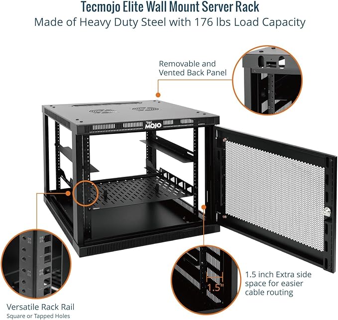 Tecmojo 9U Wall Mount Rack Cabinet, Heavy-Duty 176 Lbs High Load Capacity, 19” Enclosed Server Network Rack with Mesh Door, 17.7” Deep – Elite Collection