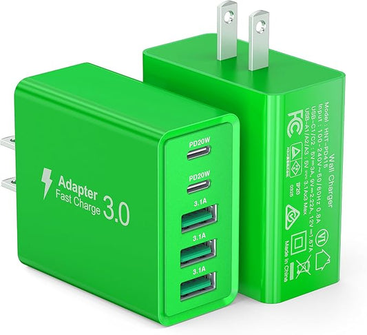 USB C Wall Charger, 50W USB C Charger Block 5-Port PD Fast Charging Blocks,USB A Multiport Plug Brick Cube,Dual Type C Power Adapter for iPhone 17/16/15/14/13/Pro,iPad,Samsung,for Switch（Green 2-Pack）