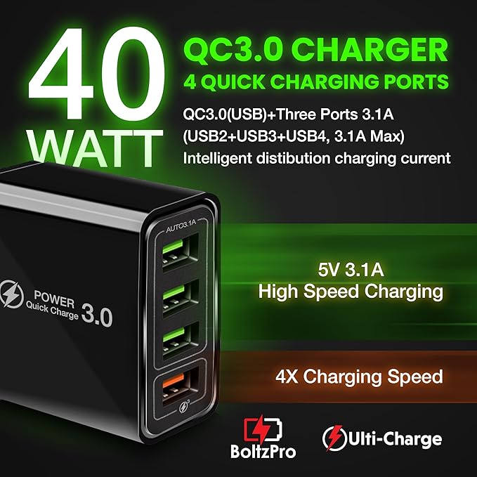 Ulti Charger 4 Ports with Quick Charger Boltz Pro Lightning Fast Charger Fast Charging Block for Smart Phones, Tablets, Devices with Multiple Ports | Wall Charge for Travel & Home