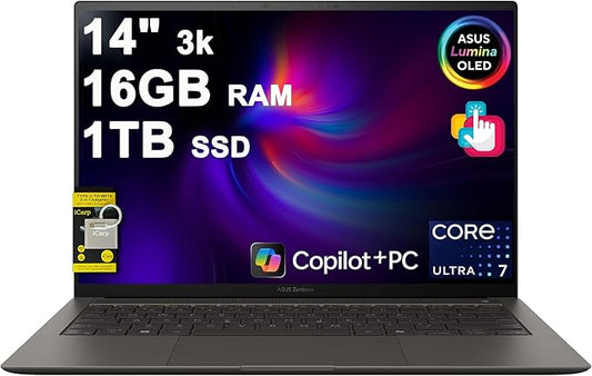 ASUS Zenbook S14 Laptop 14" 3k OLED 120Hz Touch (500nits HDR, 100% DCI-P3) Intel 8-core Ultra 7 256V (Up to 47 Tops) 16GB DDR5 1TB SSD for Designer Business Professional Win11 ICP Hub w/Copilot+ AI