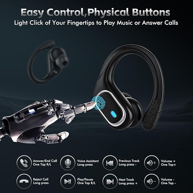 Wireless Earbuds Bluetooth 5.3 Headphones with 80H Playback, IPX7 Waterproof Over Ear Buds with LED Power Display for Sports Running Workouts Black