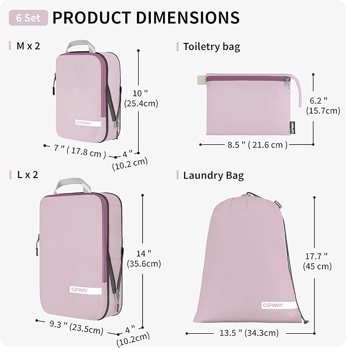 Cipway Compression Packing Cubes for Travel Ultralight Expandable Packing Organizers with Laundry & Toiletry Bag for Carry on Luggage (Mauve Pink 6 Set)
