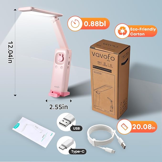 VAVOFO Cute Desk Lamp, Foldable & Portable LED Lamp with 6000mAh Rechargeable Battery, 3 Color Modes, USB-C Cordless Study Lamp for Bedroom, Office, Kids Room (Pink)