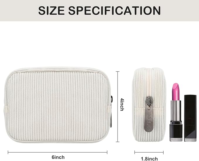 E-Tree Cute Small Makeup Bag,Cosmetic Toiletry Make up Little Items Pouch for Purse,Zipper Mini Tech Charger Cable Electronic Organizer Case,Travel Accessories for Women Men Teen,White Corduroy
