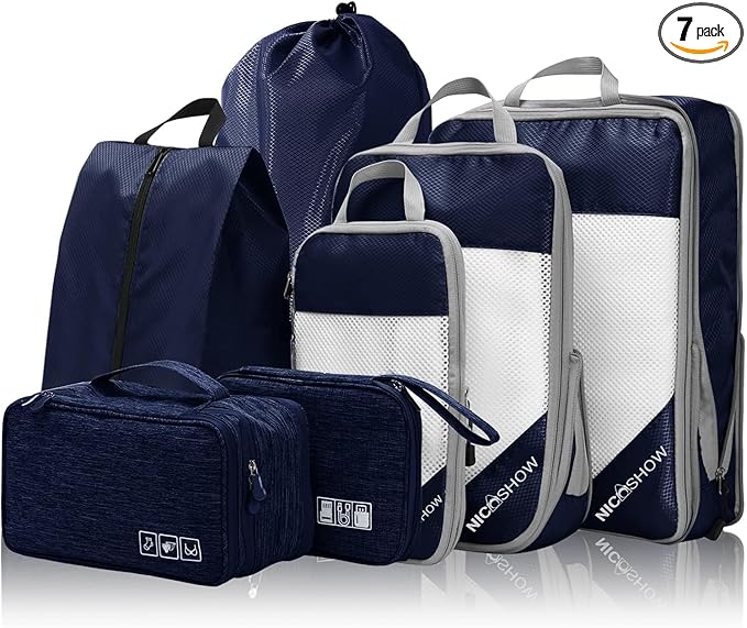 7 Set Compression Packing Cubes for Travel - Compressible, Lightweight, and Space-Saving Packing Cubes, Travel Essentials for Women, Navy