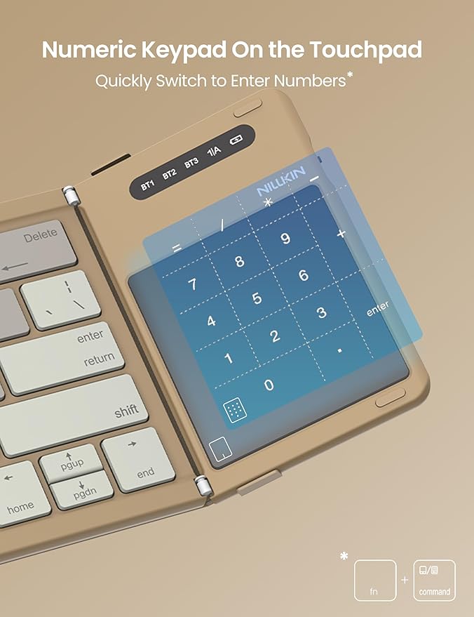 Nillkin Foldable Travel Keyboard with Touchpad & Number Pad, Bluetooth Wireless Portable Folding Full Size Keyboard with Trackpad for PC Laptop iPad Tablets Smartphone, Silicone Leather Cover, Khaki