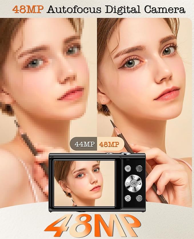 Digital Camera, 4K Vlogging Camera for YouTube Autofocus Cameras for Photography with 16X Digital Zoom, 48MP Compact Point and Shoot Digital Camera for Teens Adult with 32GB SD Card, 2 Batteries-Black