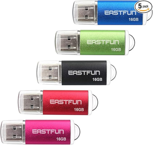 EASTFUN 5 Pack 16GB USB 2.0 Flash Drive Memory Stick Thumb Drive Thumb Stick Jump Drive Zip Drive Pen Drive, with LED Indicator,5 Pcs Colors:Rose/Red/Black/Green/Blue