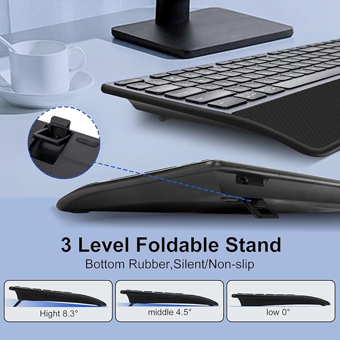 Wireless Keyboard, Rechargeable Full Size Multi-Device Bluetooth Keyboard with Wrist Rest, 3-Level Backlit, for Computer, Laptop, Tablet, Smartphone, Office,（US Layout）