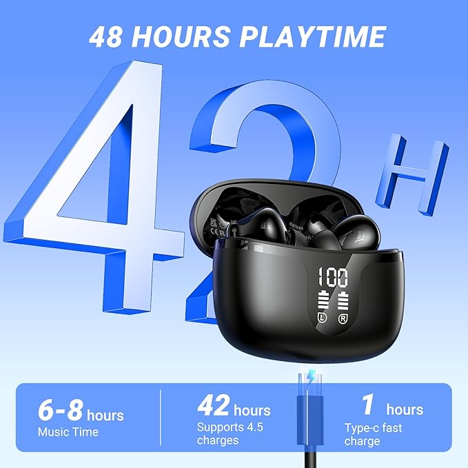 S48 wireless earbuds Headphones bluetooth 5.4 42h Duration Playback for running/fitness/office use. Equipped with 4 noise cancelling microphones, IPX6 waterproof and LDE battery display screen