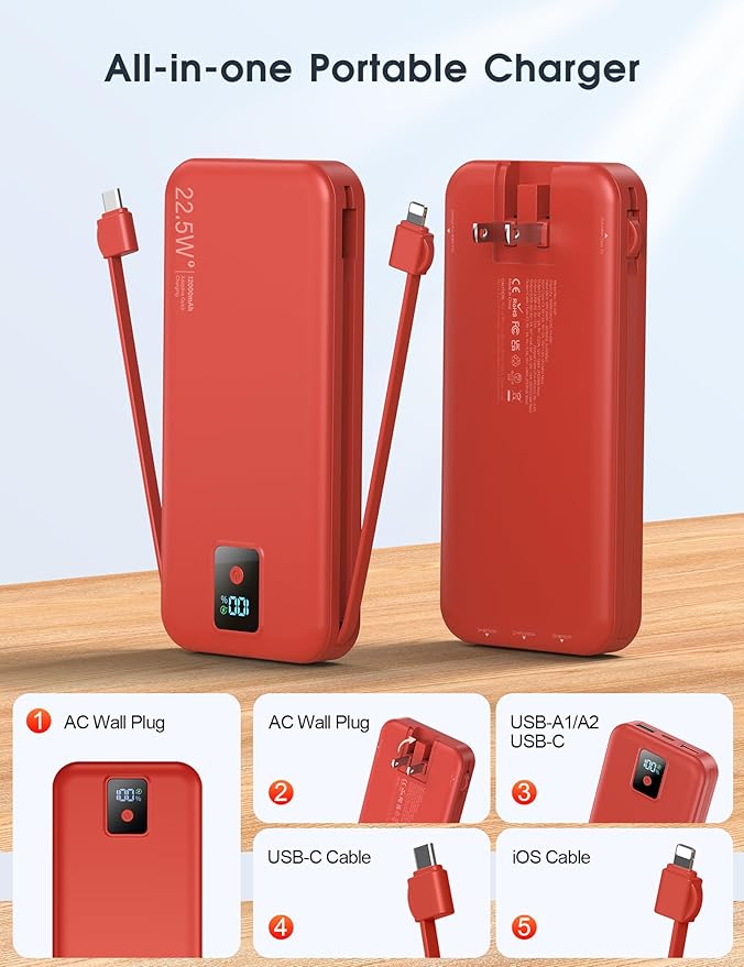 Portable Charger, 12000mAh 22.5W Fast Charging Power Bank with Built-in Cables & Wall Plug, Travel Essential Battery Pack with LED Display, USB C Battery Phone Charger for iPhone, iPad, Samsung Red